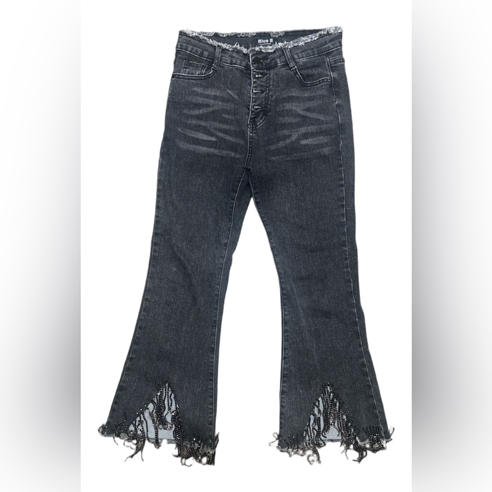 Rhinestone High Rise Cropped Flare Jean